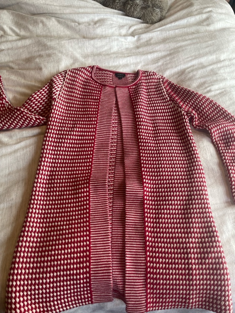 Talbots Red and White Patterned Open Cardigan merino wool sweater